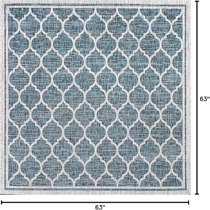 Eyely BMS109E-5SQ Santa Monica Trebol Moroccan Trellis Textured Weave Indoor/Outdoor Area Rug Coastal;Bohemian, Bedroom, Backyard, Patio, Easy-Cleaning, Non-Shedding, 5' Square, Teal/Gray