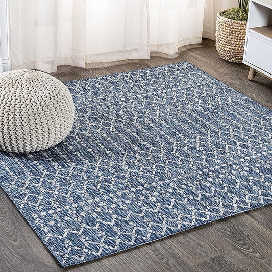 JONATHAN Y SMB108B-3SQ Ourika Moroccan Geometric Textured Weave Indoor/Outdoor Area Rug, Bohemian, Scandinavian for Bedroom, Kitchen, Living Room, Easy-Cleaning, Navy/Light Gray, 3' Square