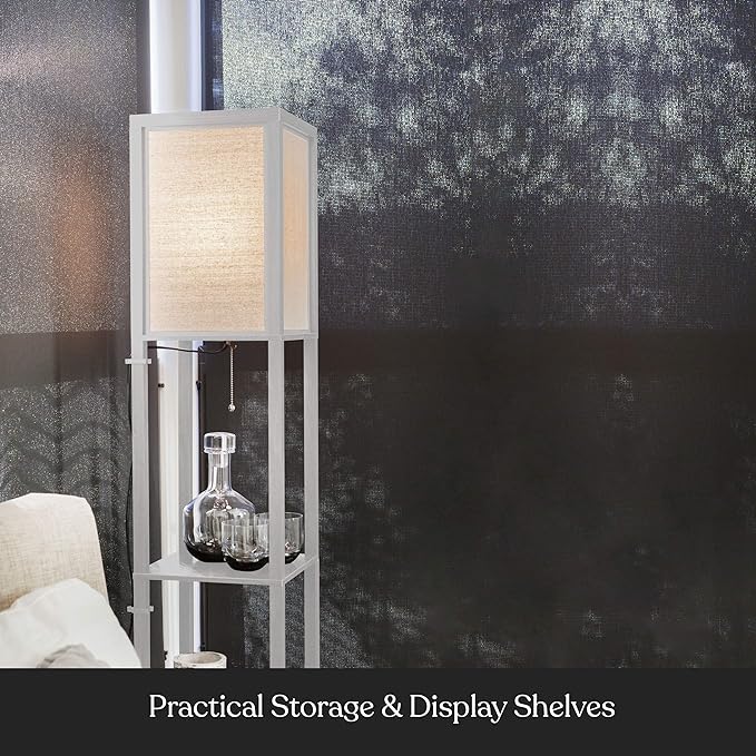 Brightech Maxwell - Modern Shelf Floor Lamp with Lamp Shade and LED Bulb - Corner Display Floor Lamps with Shelves for Living Room, Bedroom and Office - White
