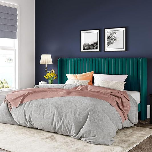 Allewie King Size Bed Frame/Velvet Upholstered Platform Bed/Vertical Channel Tufted Wingback Headboard/Strong Wooden Slats/No Box Spring Needed/Easy Assembly/Teal