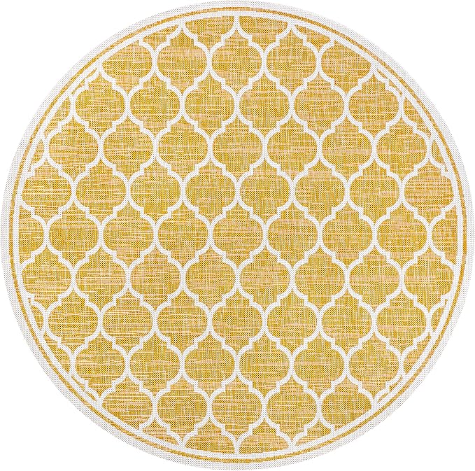 Eyely BMS109F-5R Santa Monica Trebol Moroccan Trellis Textured Weave Indoor/Outdoor Area Rug Coastal;Bohemian, Bedroom, Backyard, Patio, Easy-Cleaning, Non-Shedding, 5' Round, Yellow/Cream