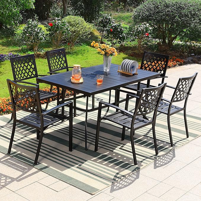PHI VILLA Patio Dining Set 7 Pcs 1 Metal Dining Table and 6 Patio Stackable Chairs for Outdoor Backyard Bistro Furniture Set