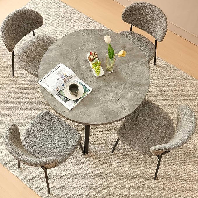5-Pieces Kitchen Dining Table Set for 4, Grey Round Table MDF with 4 Metal Hooks for Hanging, Modern Dining Table Set with 4 Seated Grey Boucle Dining Chairs for Living Room, Apartment