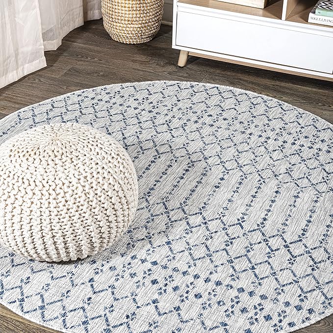 JONATHAN Y SMB108A-4R Ourika Moroccan Geometric Textured Weave Indoor/Outdoor Area Rug, Bohemian, Scandinavian for Bedroom, Kitchen, Living Room, Easy-Cleaning, Light Gray/Navy, 4' Round