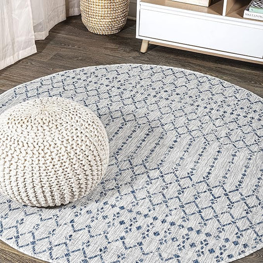 JONATHAN Y SMB108A-4R Ourika Moroccan Geometric Textured Weave Indoor/Outdoor Area Rug, Bohemian, Scandinavian for Bedroom, Kitchen, Living Room, Easy-Cleaning, Light Gray/Navy, 4' Round