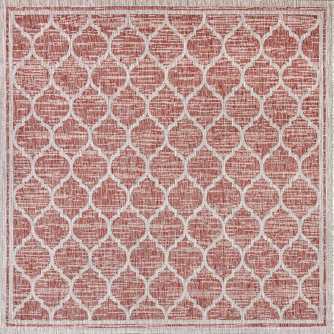 Eyely BMS109C-5SQ Santa Monica Trebol Moroccan Trellis Textured Weave Indoor/Outdoor Area Rug Coastal;Bohemian, Bedroom, Backyard, Patio, Easy-Cleaning, Non-Shedding, 5' Square, Red/Beige