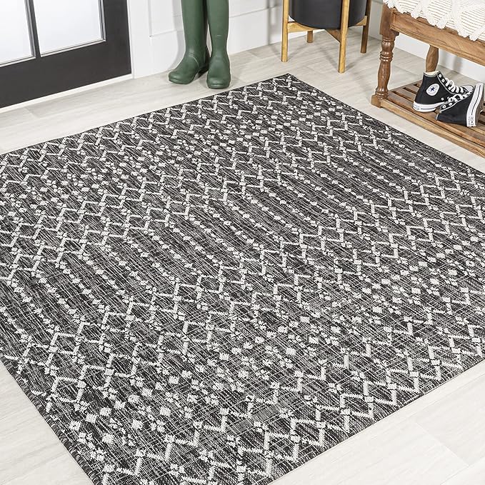 JONATHAN Y SMB108F-9SQ Ourika Moroccan Geometric Textured Weave Black/Gray 9' Square Indoor/Outdoor Area Rug, Pet Friendly, Non-Shedding, Stain Resistant, Easy-Cleaning for Backyard, Patio, Porch