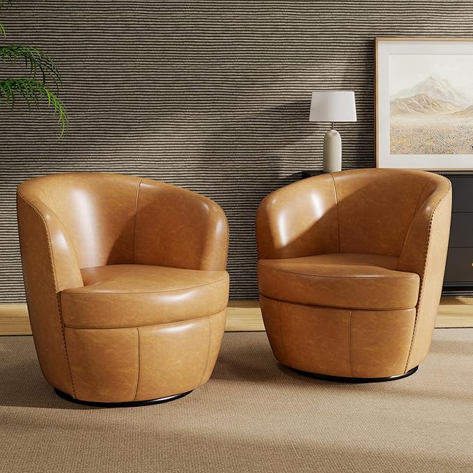 Swivel Barrel Chair, Modern Round PU Leather Accent Armchair for Living Room, Bedroom, Comfy Club Reading Chairs for Adults (Leather Light Brown, Set of 2)