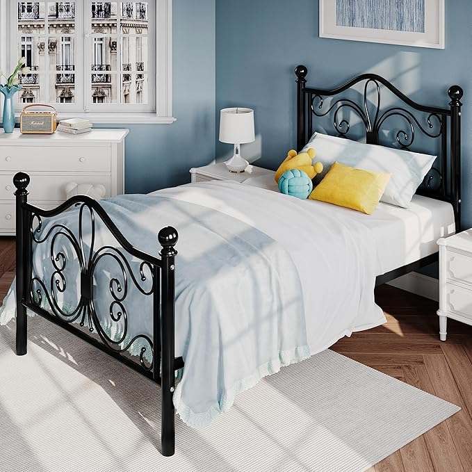 SHA CERLIN Twin Size Bed Frame for Kids,Metal Bed Frame with Butterfly Pattern Design Headboard and Footboard,No Box Spring Needed,Easy Assembly,Black