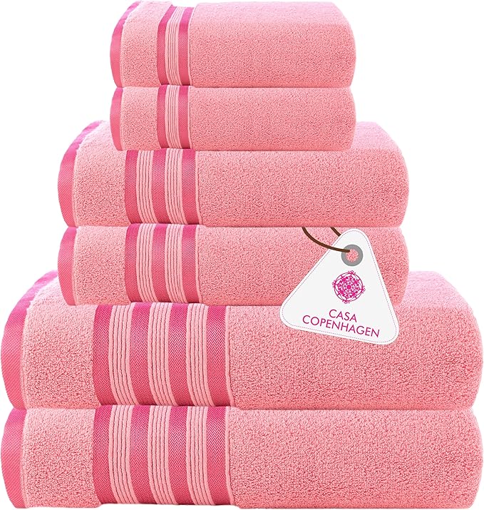CASA COPENHAGEN Zero Twist, 6 Pieces Set 100% Cotton 0" Twist Towel Set- Pink, 600 GSM, 2 Bath, 2 Hand, 2 Washcloths Made from Egyptian Cotton, Ultra Soft Luxury Towels for Bathroom.