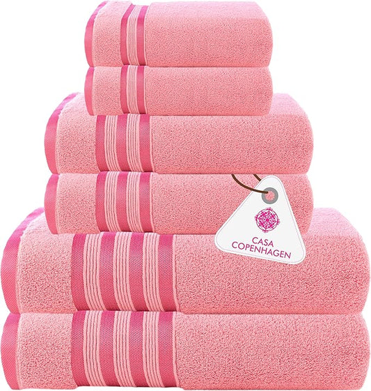 CASA COPENHAGEN Zero Twist, 6 Pieces Set 100% Cotton 0" Twist Towel Set- Pink, 600 GSM, 2 Bath, 2 Hand, 2 Washcloths Made from Egyptian Cotton, Ultra Soft Luxury Towels for Bathroom.