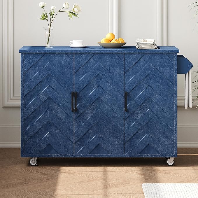 51.2" W 3D Wave Stripes Ash Veneer Kitchen Island with Drop Leaf, Farmhouse Kitchen Island on Wheels with Internal Storage Rack, Rolling Cart, Not Cheap Paper, Navy Blue