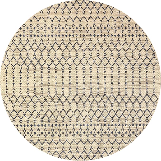 JONATHAN Y SMB108H-4R Ourika Moroccan Geometric Textured Weave Beige/Navy 4' Round Indoor/Outdoor Area Rug, Pet Friendly, Non-Shedding, Stain Resistant, Easy-Cleaning for Backyard, Patio, Porch