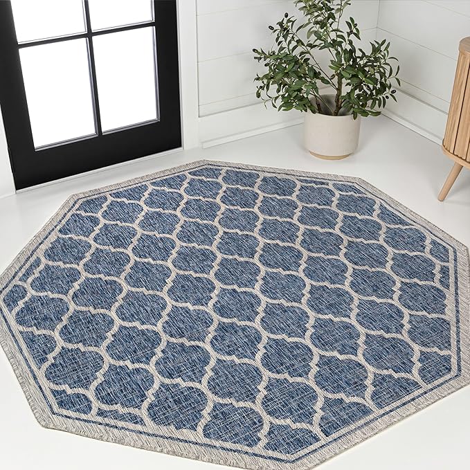 Eyely BMS109D-8TGN Trebol Moroccan Trellis Textured Weave Navy/Gray 8' Octagon Indoor/Outdoor Area Rug, Navy/Gray, 8' Octagon, Indoor/Outdoor, Area Rug