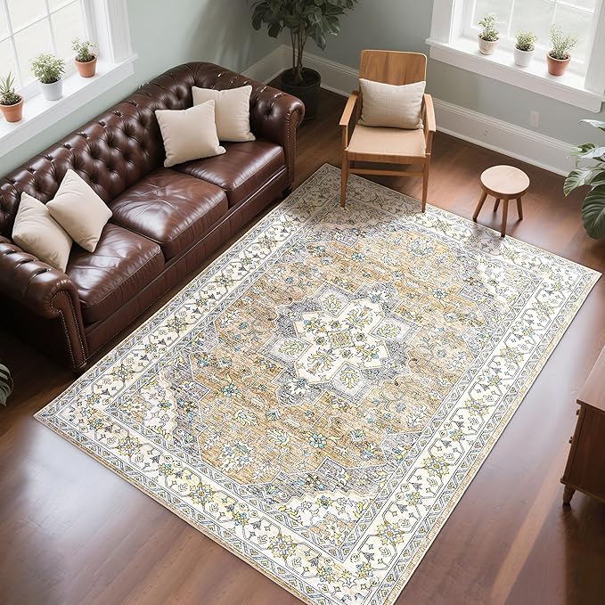 8x10 Area Rug for Living Room, Modern Washable Rug Non Slip Low Pile Large Area Rugs for Living Room, Bedroom, Farmhouse, Dining Room,Beige