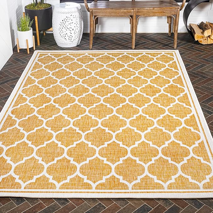 Eyely BMS109F-9 Santa Monica Trebol Moroccan Trellis Textured Weave Indoor/Outdoor Area Rug Coastal;Bohemian, Bedroom, Backyard, Patio, Easy-Cleaning, Non-Shedding, 9 X 12, Yellow/Cream