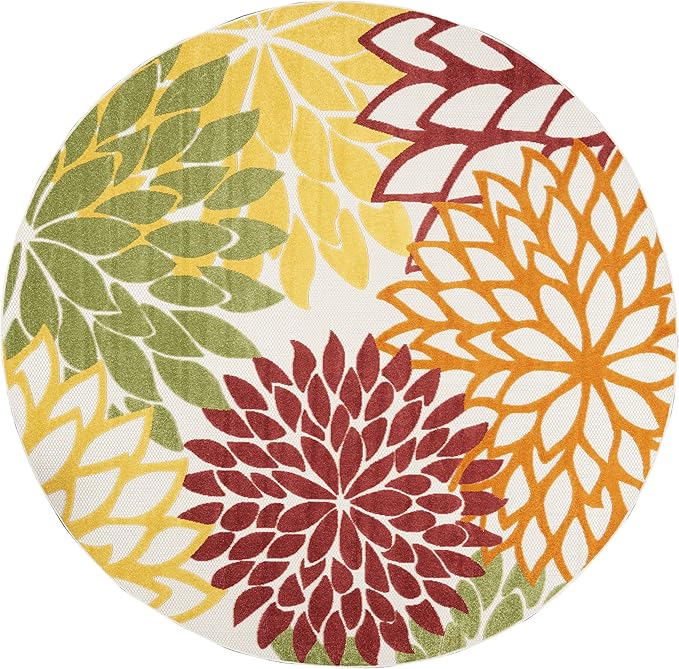 Nourison Home Aloha 94" Round Fabric Indoor/Outdoor Rug in Red Multi-Color