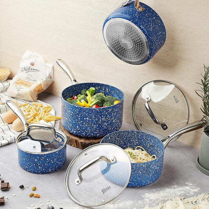 Nonstick Premium 3-Piece Saucepan Set with Glass Lids, Natural Durable Granite Coating, Nonstick, Durable & Oven Safe to 450°F, 1&2&3QT, Blue