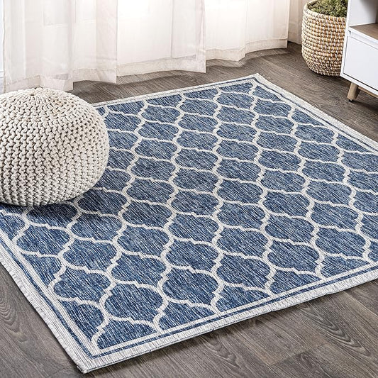 Eyely BMS109D-6SQ Santa Monica Trebol Moroccan Trellis Textured Weave, Pet Friendly, Non-Shedding, Stain Resistant, Easy-Cleaning, Navy/Gray, 6' Square, Indoor/Outdoor, Area Rug