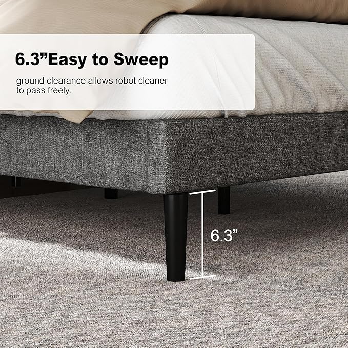 Queen Size Bed Frame with Fabric Upholstered Headboard, Platform Bed with Wooden Slats Support, Fully Mattress Foundation, Box Spring Optional, Easy Assembly