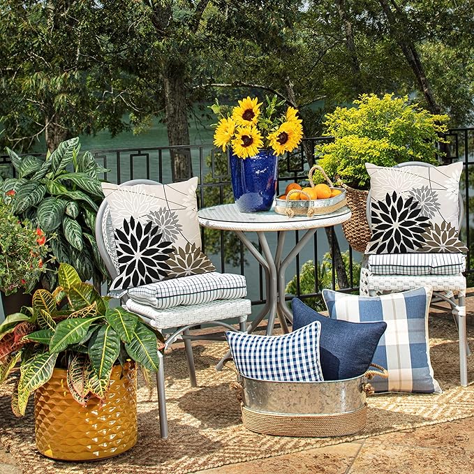 Black Brown Outdoor Pillow Covers 20x20 Inch Set of 2 White Gray Flower Throw Pillows Farmhouse Outdoor Modern Floral Polyester Square Cushion Case Decor for Sofa Patio Funiture Garden 01A20
