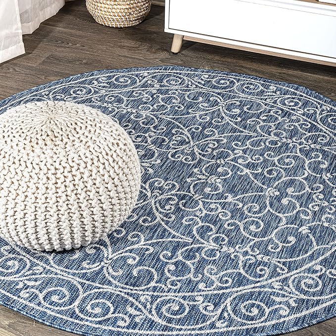 JONATHAN Y SMB106D-4R Charleston Vintage Filigree Textured Weave Navy/Gray 4' Round Indoor/Outdoor Area Rug, Pet Friendly, Non-Shedding, Stain Resistant, Easy-Cleaning for Backyard, Patio, Porch