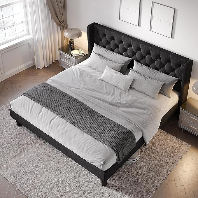 Allewie King Size Bed Frame with Button Tufted Wingback Headboard, Modern Upholstered Bed Frame with Solid Wooden Slats Support - No Box Spring Needed, Easy Assembly, Black