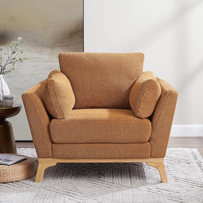 Large-Sized Accent Chair, Thick Cushion Bedroom Reading Chair, Comfortable Living Room Single Sofa， Boucle Curry