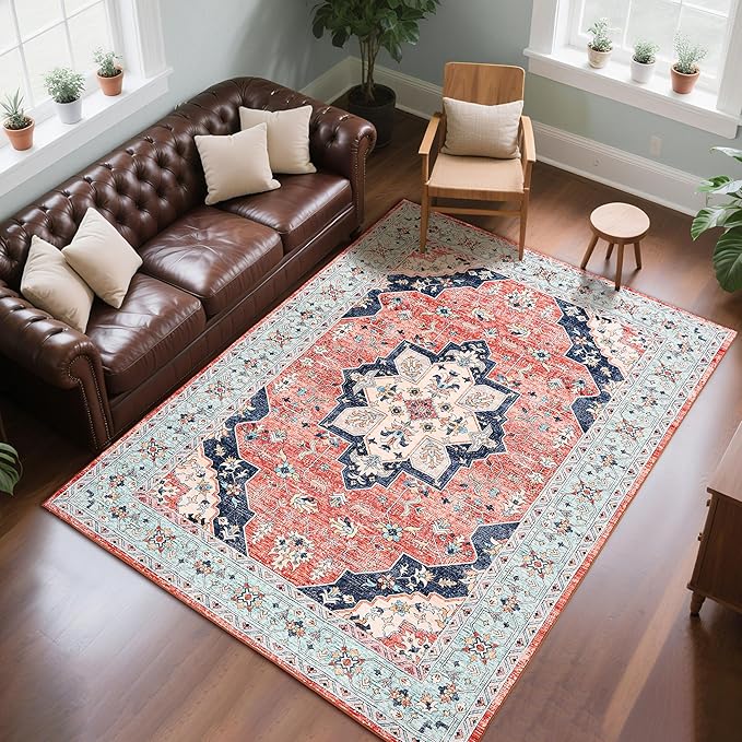 8x10 Area Rug for Living Room, Modern Washable Rug Non Slip Low Pile Large Area Rugs for Living Room, Bedroom, Farmhouse, Dining Room, Red&Blue