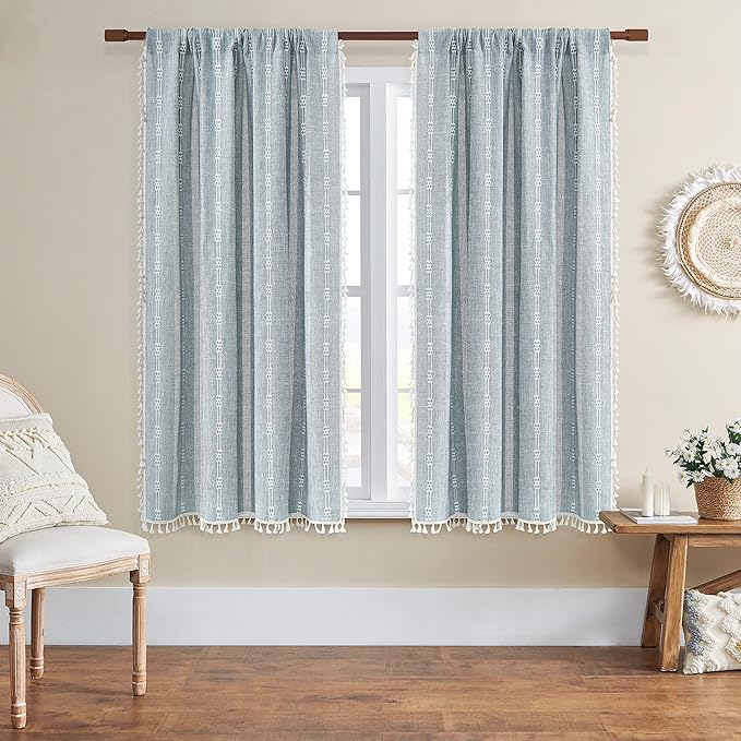 Boho Curtains for Bedroom Embroidery Striped Farmhouse Linen Curtains 63 Inch Length 2 Panels for Living Room Blue Bohemian Semi-Blackout Window Curtains Rod Pocket Drapes ( 52" W x 63" L,Blue)