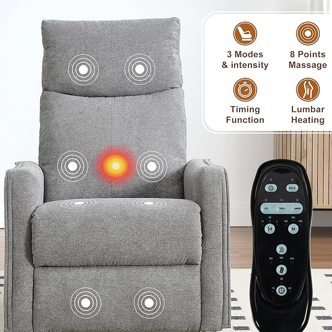 Manual 360° Swivel Rocker Recliner Chair for Adults, Overstuffed Glider Chair for Nursery with Vibration Massage and Heat, Comfy Soft Fabric Glider with Side Pockets for Living Room, Gray