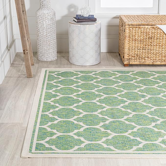 Eyely BMS109I-3 Santa Monica Trebol Moroccan Trellis Textured Weave Indoor/Outdoor Area Rug Coastal;Bohemian, Bedroom, Backyard, Patio, Easy-Cleaning, Non-Shedding, 3 X 5, Cream/Green