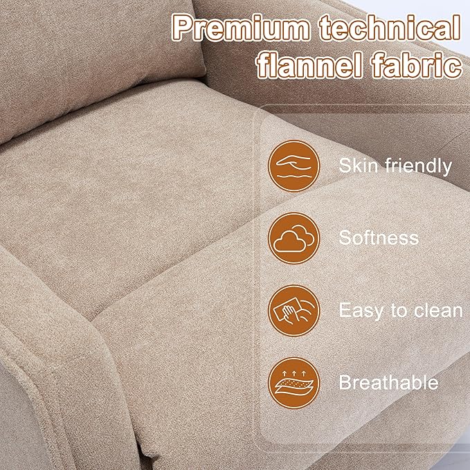 Manual 360° Swivel Rocker Recliner Chair for Adults, Overstuffed Glider Chair for Nursery with Vibration Massage and Heat, Comfy Soft Fabric Glider with Side Pockets for Living Room, Khaki