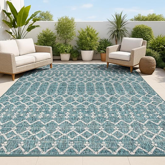 JONATHAN Y Moroccan Geometric Indoor Outdoor Area Rug 5X8 Teal/Gray, Ourika Textured Weave for Backyard, Patio, Porch, Easy-Cleaning, High Traffic, Pet-Friendly, Non-Shedding (SMB108C-5)