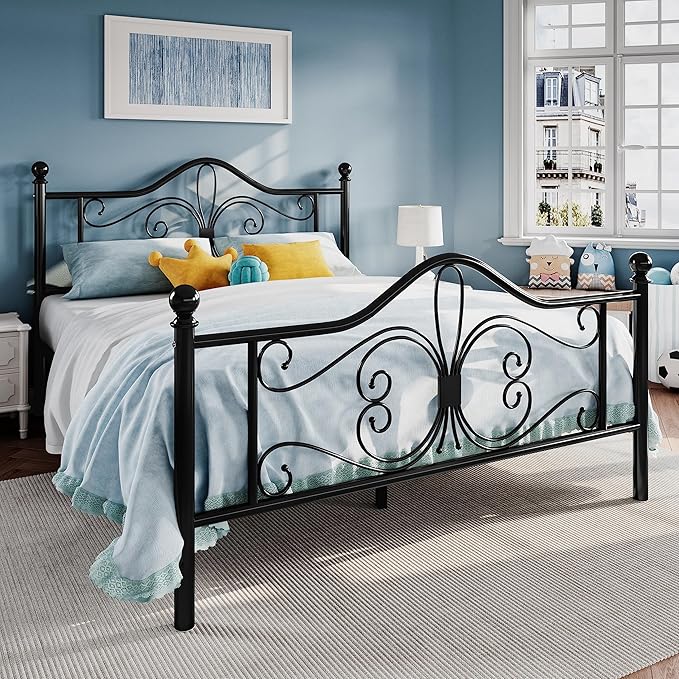 SHA CERLIN Queen Size Bed Frame and Headboard,Metal Bed Frame with Butterfly Pattern Design Headboard & Footboard,No Box Spring Needed,Easy Assembly,Black