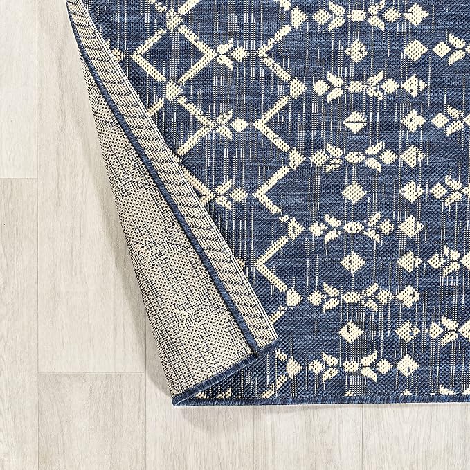 JONATHAN Y SMB108K-5R Ourika Moroccan Geometric Textured Weave Indoor Outdoor Area Rug, Bohemian Coastal Traditional Easy Cleaning,Bedroom,Kitchen,Backyard,Patio,Non Shedding, 5' Round, Navy/Beige