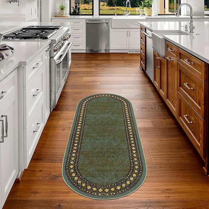 Antep Rugs Alfombras Modern Bordered 2x5 Non-Skid (Non-Slip) Low Profile Pile Rubber Backing Kitchen Area Rugs (Green, 2' x 5' Oval)