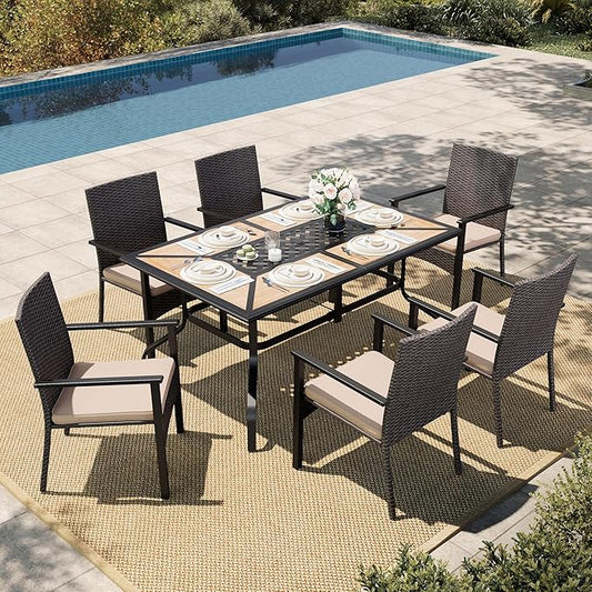 HERA'S HOUSE Patio Dining Sets for 6, Outdoor Rattan Chairs and Wood-Like Table with 1.57" Umbrella Hole, Modern Outdoor Table and Chairs for Deck, Balcony, Backyard and Garden