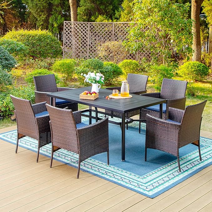 PHI VILLA 7 Piece Patio Dining Table Set for 6, 64" Metal Dining Table with Umbrella Hole & Cushioned Wicker Chairs for Outdoor, Yard, Porch, Deck
