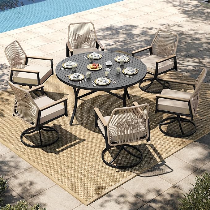 HERA'S HOUSE Patio Table and Chairs Set, Outdoor Dining Set for 7, 6 x Cushioned Woven Rattan Patio Swivel Chairs and 1 x 54” Round Table with Umbrella Hole, Outdoor Rattan Dining Set for Lawn