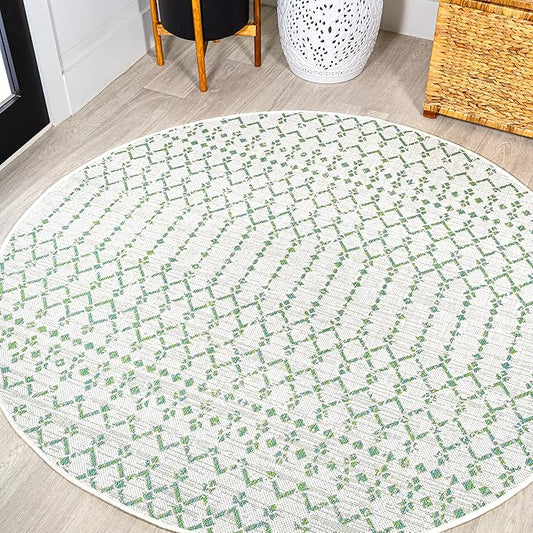 JONATHAN Y SMB108R-5R Ourika Moroccan Geometric Textured Weave Indoor Outdoor Area Rug, Bohemian Coastal Modern Easy Cleaning,Bedroom,Kitchen,Backyard,Patio,Non Shedding, Green/Ivory, 5' Round