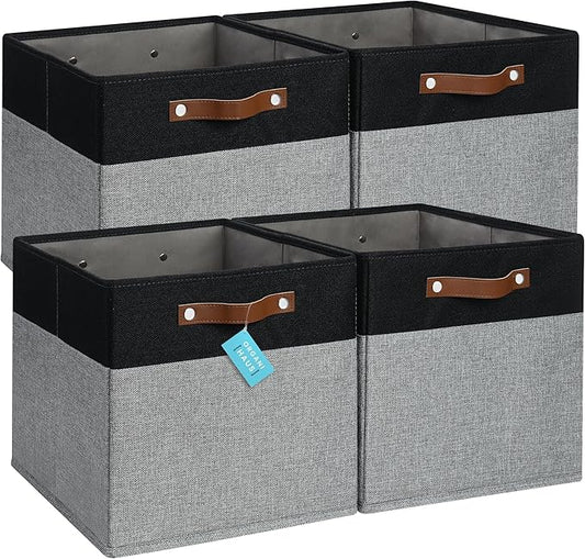 OrganiHaus 13x13 Cube Fabric Storage Bins Set of 4, Fabric Storage Cubes w/ Vegan Handles, 13 inch Collapsible Bins for Clothes & Toy Organizer, Cubbies Organizer, 13x13 Basket for Decor - Grey/Black