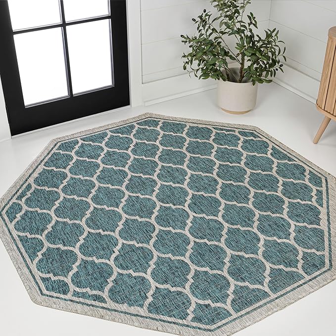 Eyely BMS109E-5TGN Trebol Moroccan Trellis Textured Weave Teal/Gray 5' Octagon Indoor/Outdoor Area Rug, Teal/Gray, 5' Octagon, Indoor/Outdoor, Area Rug
