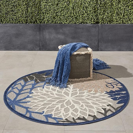 Nourison Aloha Indoor/Outdoor Blue/Multicolor 4' x Round Area Rug, Tropical, Botanical, Easy Cleaning, Non Shedding, Bed Room, Living Room, Dining Room, Deck, Backyard, Patio (4 Round)