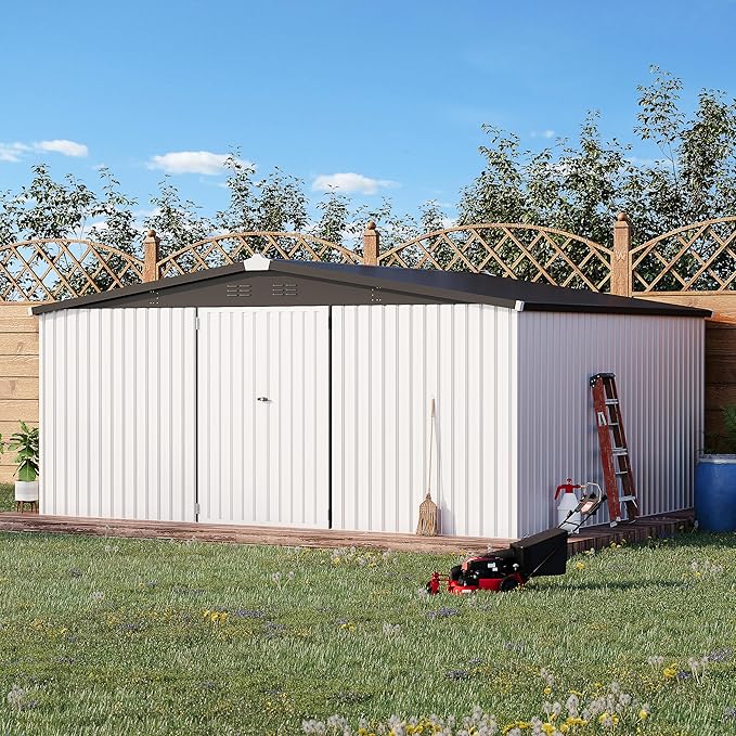 AECOJOY 14' x 12' Outdoor Storage Shed, Large 12x14 Metal Sheds & Outdoor Storage Clearance Steel Yard Shed with Lockable Doors, Utility Tool Storage Garden Shed for Backyard, Patio and Outside use