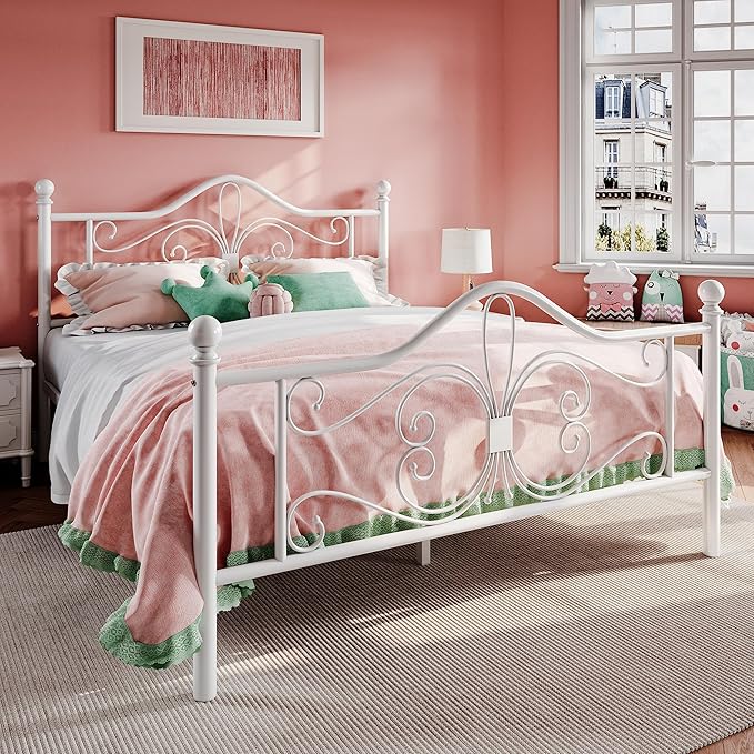 SHA CERLIN Queen Size Bed Frame with Headboard,Metal Bed Frame with Butterfly Pattern Design Headboard & Footboard,No Box Spring Needed,Easy Assembly,White