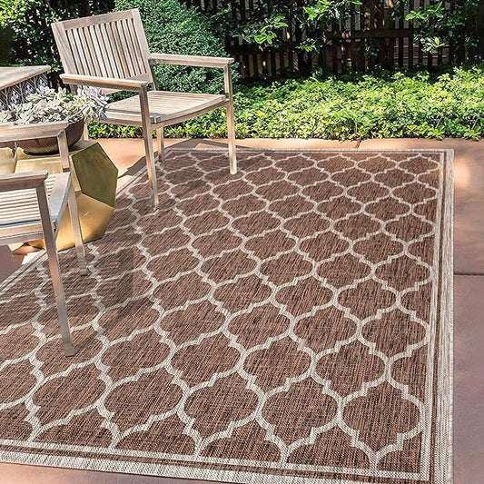Eyely BMS109B-5 Santa Monica Trebol Moroccan Trellis Textured Weave Indoor/Outdoor Area Rug Coastal;Bohemian, Bedroom, Backyard, Patio, Easy-Cleaning, Non-Shedding, 5 X 8, Espresso/Taupe