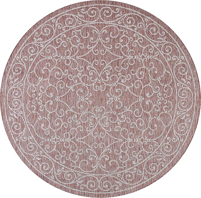JONATHAN Y SMB106B-8R Charleston Vintage Filigree Textured Weave Red/Beige 8' Round Indoor/Outdoor Area Rug, Pet Friendly, Non-Shedding, Stain Resistant, Easy-Cleaning for Backyard, Patio, Porch