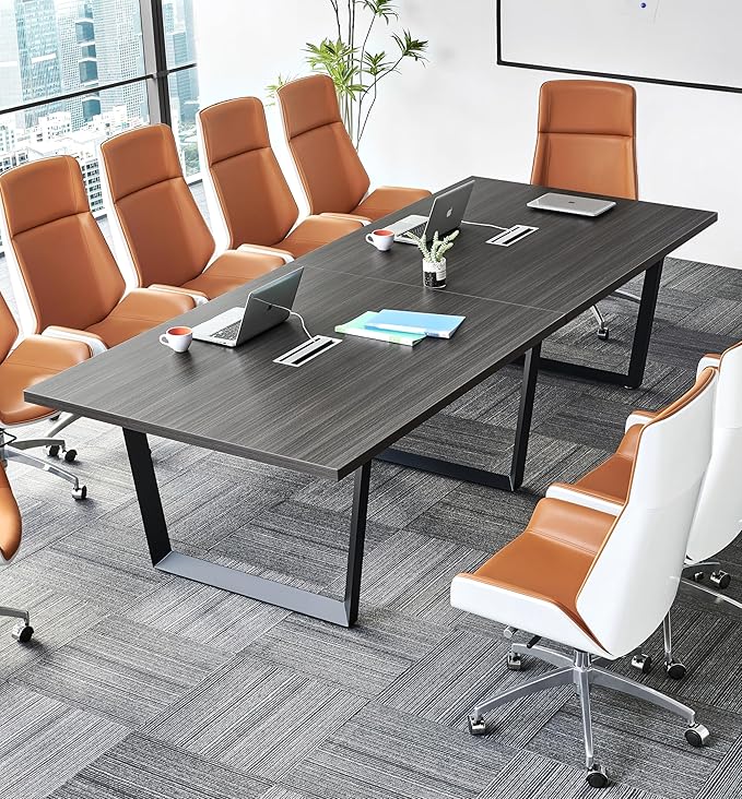 Sturdy Conference Table with Cable Management Grommets Modern Rectangle Office Meeting Table with Wood Tabletop and Metal Frame & Legs- Easy Assembly Boardroom Table (Grey, 10 Foot)