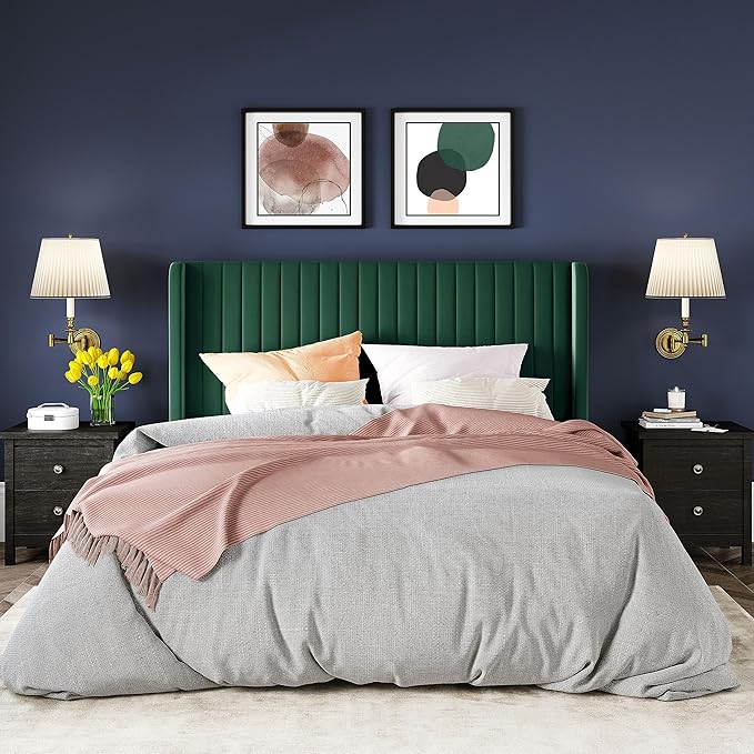 Allewie Queen Size Bed Frame/Velvet Upholstered Platform Bed/Vertical Channel Tufted Wingback Headboard/Strong Wooden Slats/No Box Spring Needed/Easy Assembly/Green